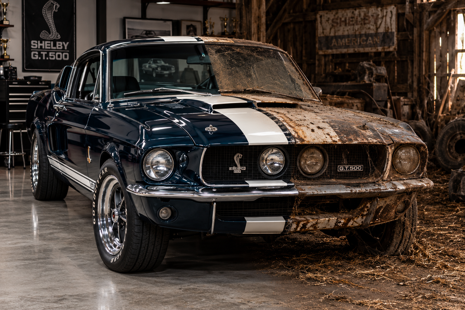 A classic American muscle car mid-restoration in the shop