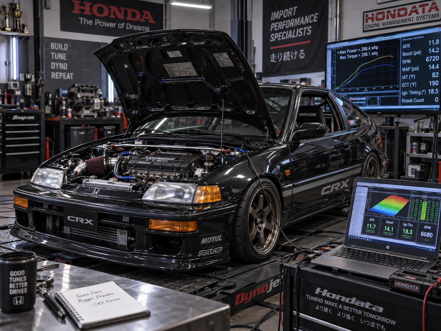 A tuner working on a laptop with live engine data graphs plugged into a vehicle