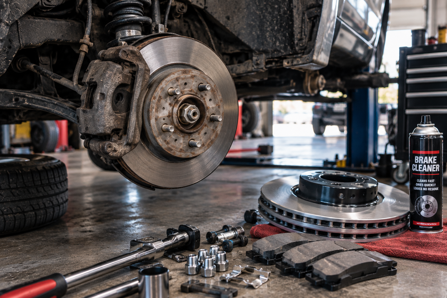 A brake rotor and caliper on a hub with the wheel removed