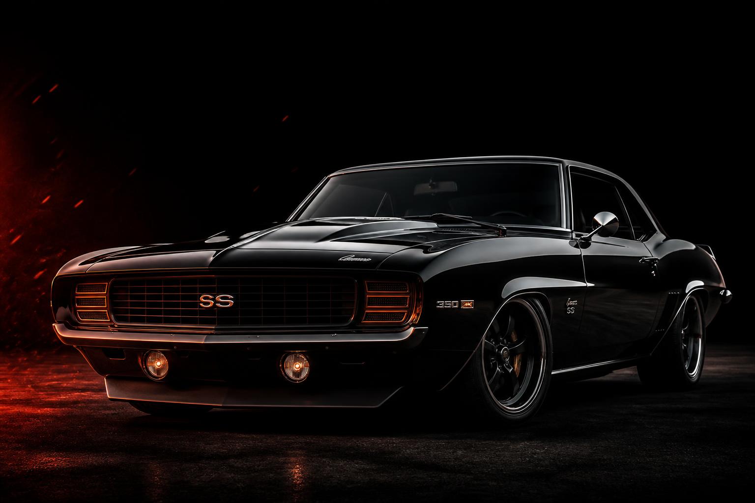 1969 Camaro SS front three-quarter view under ember lighting
